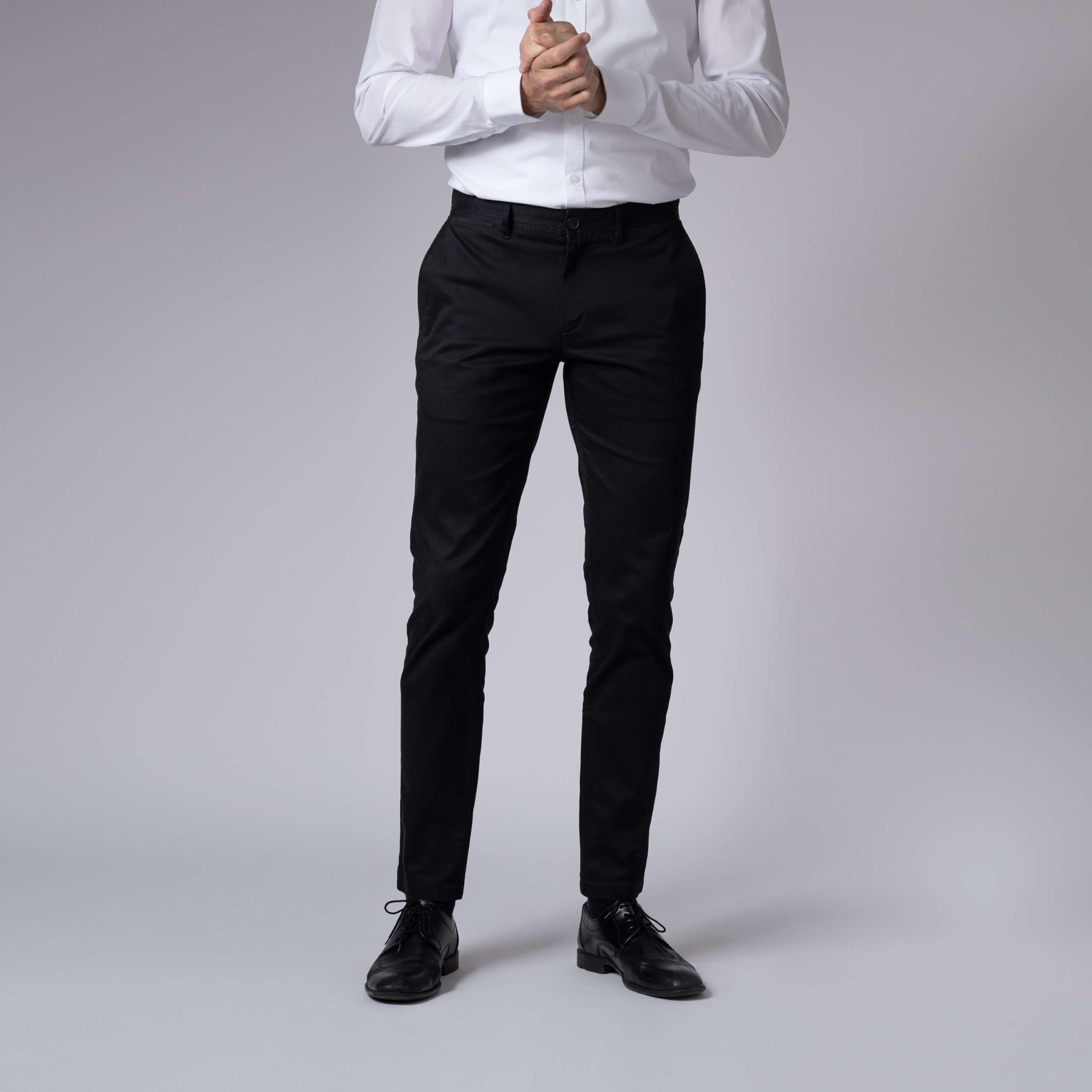 Pantalones chinos para hombre informales con ajuste ajustado elástico, Negro , 30W x 32L