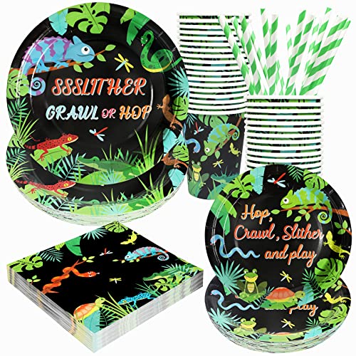 Recheel Reptile Party Supplies Decorations, Jungle Lizard and Snake Theme Birthday Paper Plates and Napkins Set with Cups and Straws for 24 Guests, 120 Pcs Disposable Party Dessert Dinnerwares