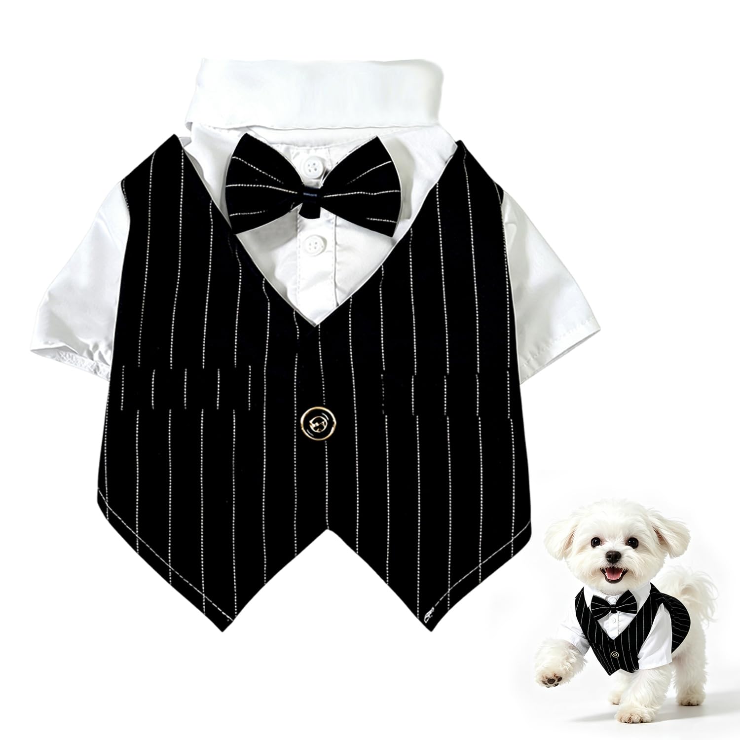 Dog Tuxedo Bandana with Bow Tie, Premium Formal Dog Costume, Cute Puppy Dress Up Attire for Wedding Gathering for Yorkie, Pomeranian, Maltese, Chihuahua（S）