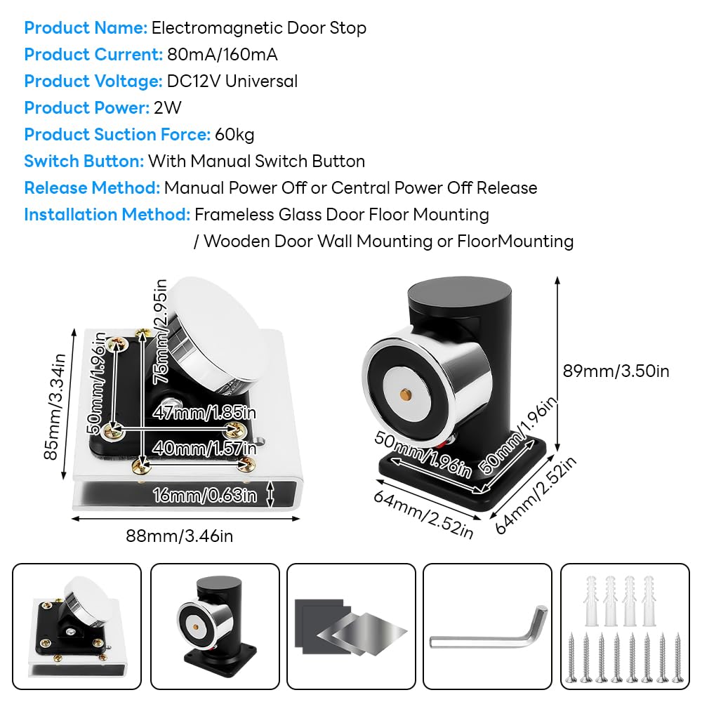 Elektromagnetischer Türstopper (12 V DC), Edelstahl, verlängerte Bodenmontage, Haltekraft 60 kg (132,3 lbs), elektrisch-magnetisches Schloss für 12–20 mm dicke Glastüren, Zutrittskontrollsystem