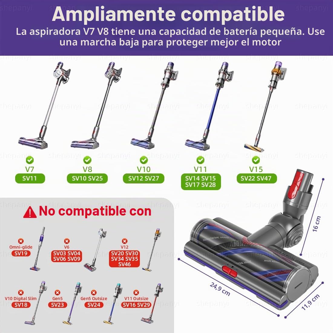 Boquilla de Cepillo Compatibles con el Modelo Dyson V11,V15,V8,V7,V10 cepillo Anti - Enredo con Succión Ajustable,Cepillo de Suelo Duro y Cepillo de Repuesto para Accesorios de Alfombra.