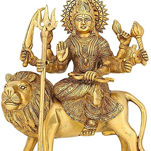 Indian royal art gallery Brass Maa Durga Idol Sitting On Lion Ma Sherwali Murti Devi Statue for Home Mandir Office Living Room Shop Gift Navratra Puja Golden Work Color Height 9 Inches