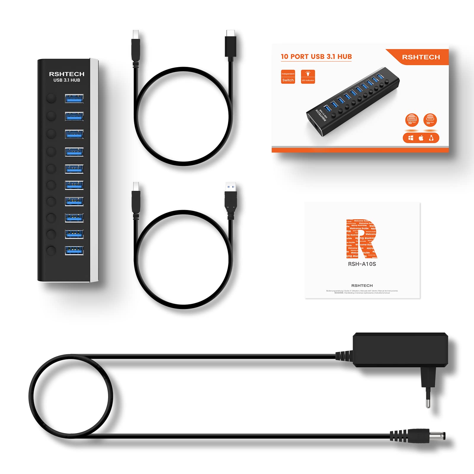 RSHTECH Hub USB Activo 3.0 con Fuente Alimentación 10Gbps 10 Puertos de Aluminio USB 3.1 Hub con 2 Cables(Tipo C y Tipo A), Interruptores LED y Adaptador Alimentación 36W(12V/3A), RSH-A10S