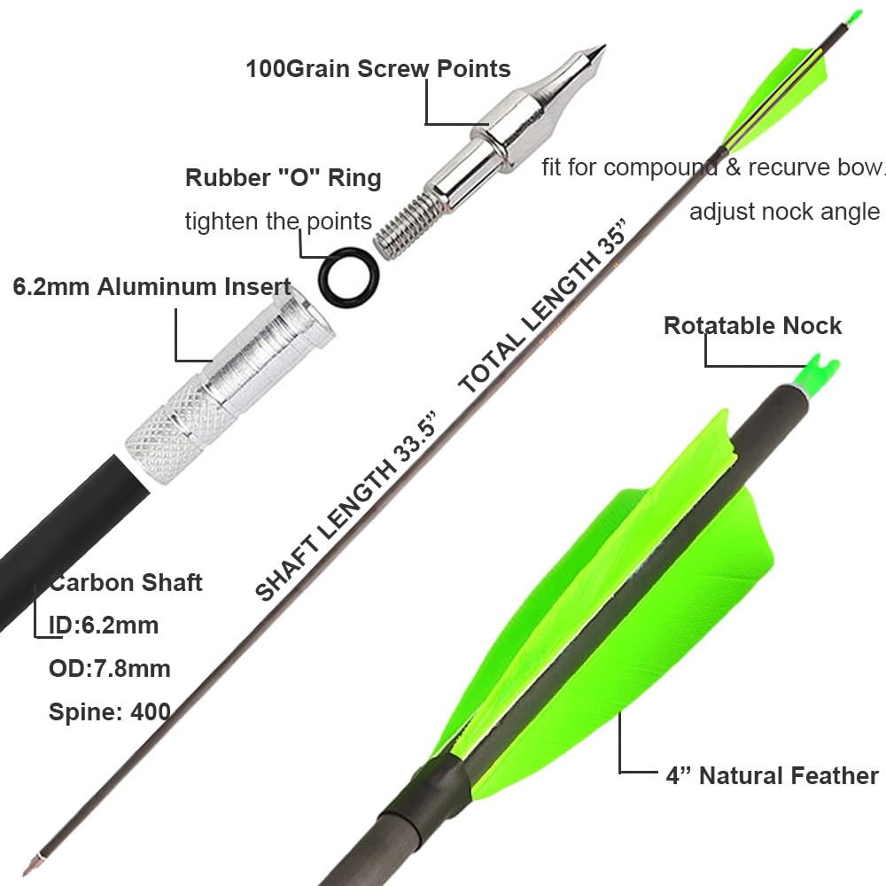 SHARROW 33 Zoll Carbon Pfeile für Bogenschießen Carbonpfeil Spine 400 Jagd Pfeile Carbon Jagdpfeile mit 4 Zoll Natürliche Federn Pfeile für Pfeil Bogen Recurvebogen Compoundbogen Jagd (grün, 12p)