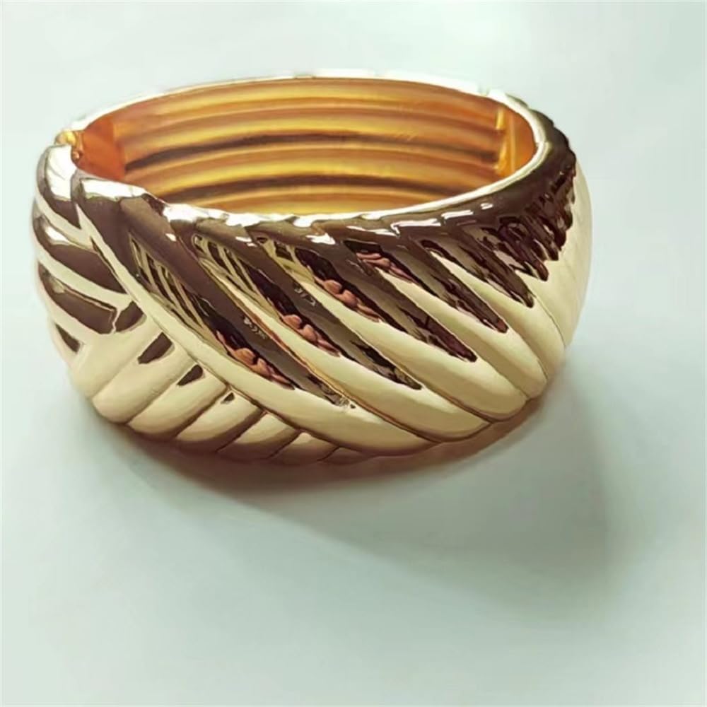 Dainty Twist Stripe Wide Chunky Bangle Bracelets for Women Minimalist Classic 14K Yellow Gold Plated Oval Cuff Wrist Open Bangles Statement Unique Design Fashion Trendy Jewelry Gift - Image 4