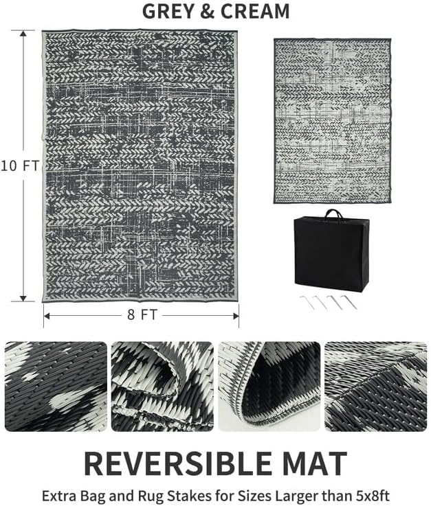 MontVoo Outdoor Rug 8x10 Waterproof-Patio Rug Mat Outdoor Carpet Reversible RV Camping Picnic Plastic Straw Rug Outside Outdoor Area Rug for Balcony Deck Backyard Patio Decor Boho Modern Abstract Grey 8' x 10' (Rectangular)