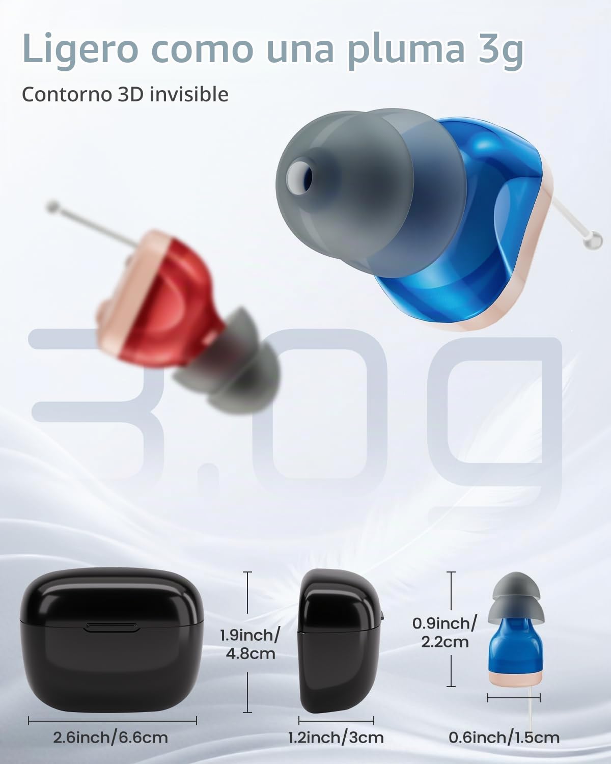Dispositivo de sonido intrauditivo para adultos: Diseño discreto, estuche de carga con LED y 18 horas de autonomía