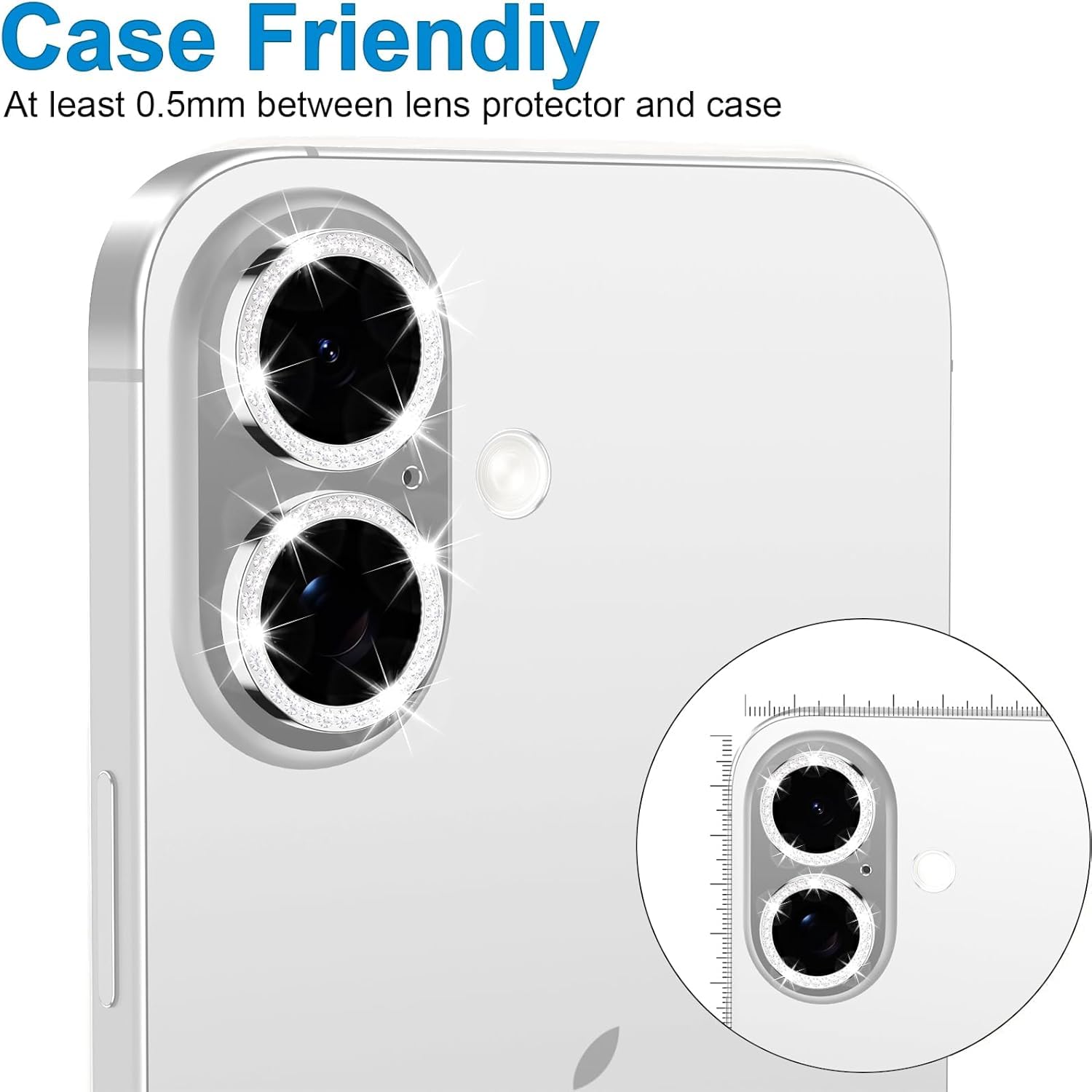 Coiwxmoi Protezione Fotocamera per iPhone 16/16 Plus,Pellicola Vetro Glitter Copri Telecamera Camera Proteggi Obiettivo HD Trasparente Lente Durezza 9H Anti-graffio Bling Diamond,Argento