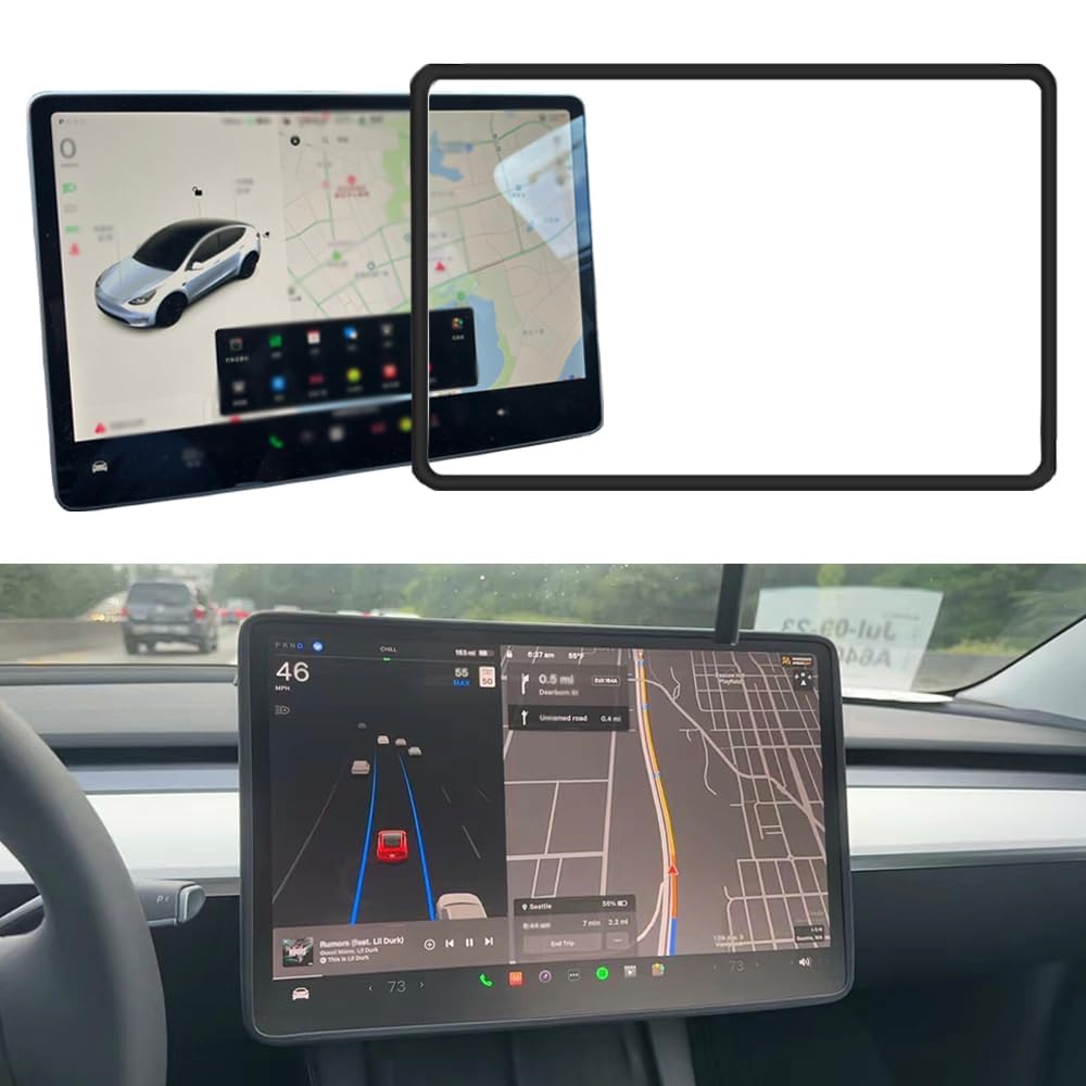Screen Silicone Protective, Frame Compatible with Tesla Model Y / 3 Accessories Silicone Center Console Decoration Protects Screen from Shatters and Crashes, Anti-Glare Anti-Fingerprint (Black)