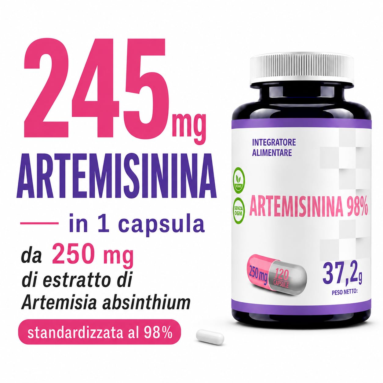 Hepatica Artemisinina | 250 mg | standardizzata al 98% | 120 capsule vegane | scorta per 4 mesi | GMP & Testato da Laboratorio Indipendente
