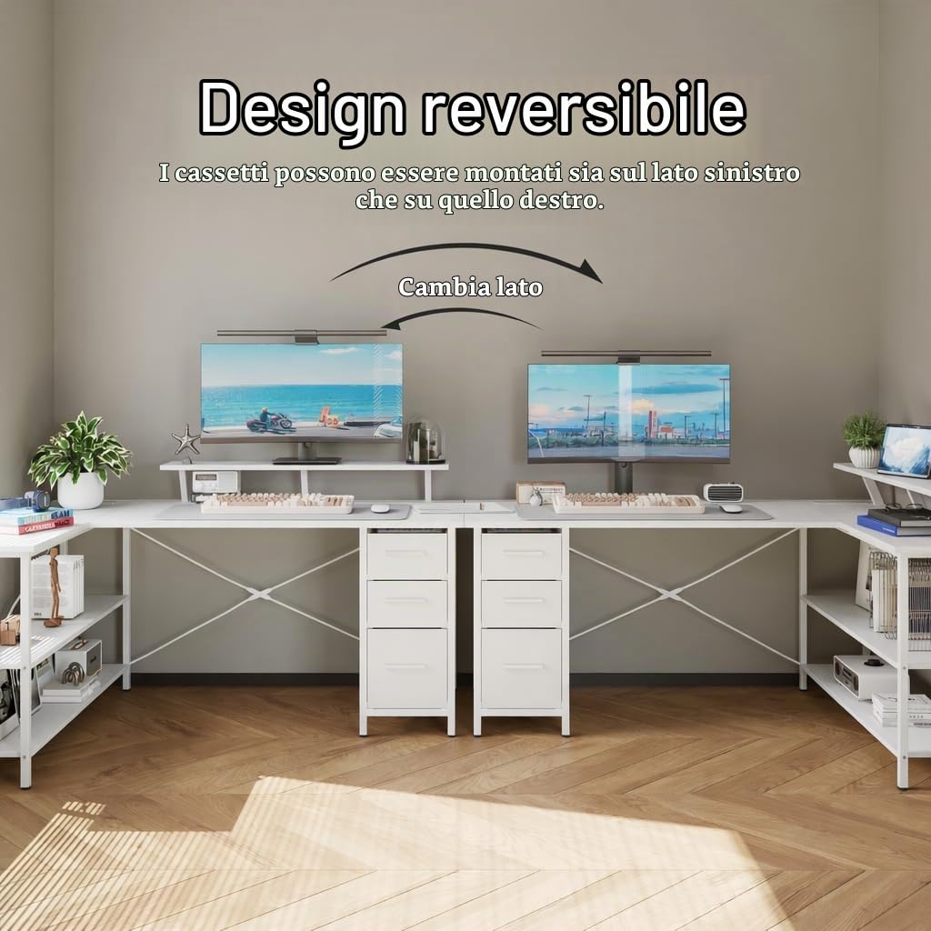 Scrivania a forma di L con 3 cassetti in tessuto, 120 x 80 cm, scrivania angolare reversibile con supporto per monitor, spina e porta di ricarica USB per home office, bianco