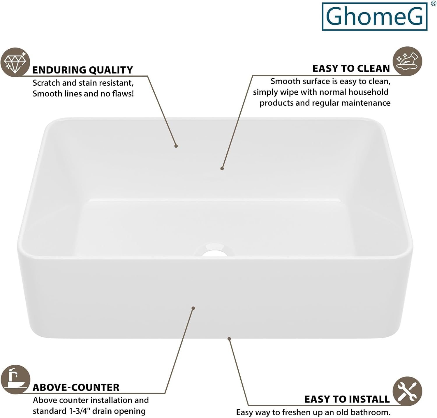 Rectangular Bathroom Vessel Sink 21"x14" Rectangle Above Counter White Porcelain Ceramic Vessel Vanity Sink Art Basin