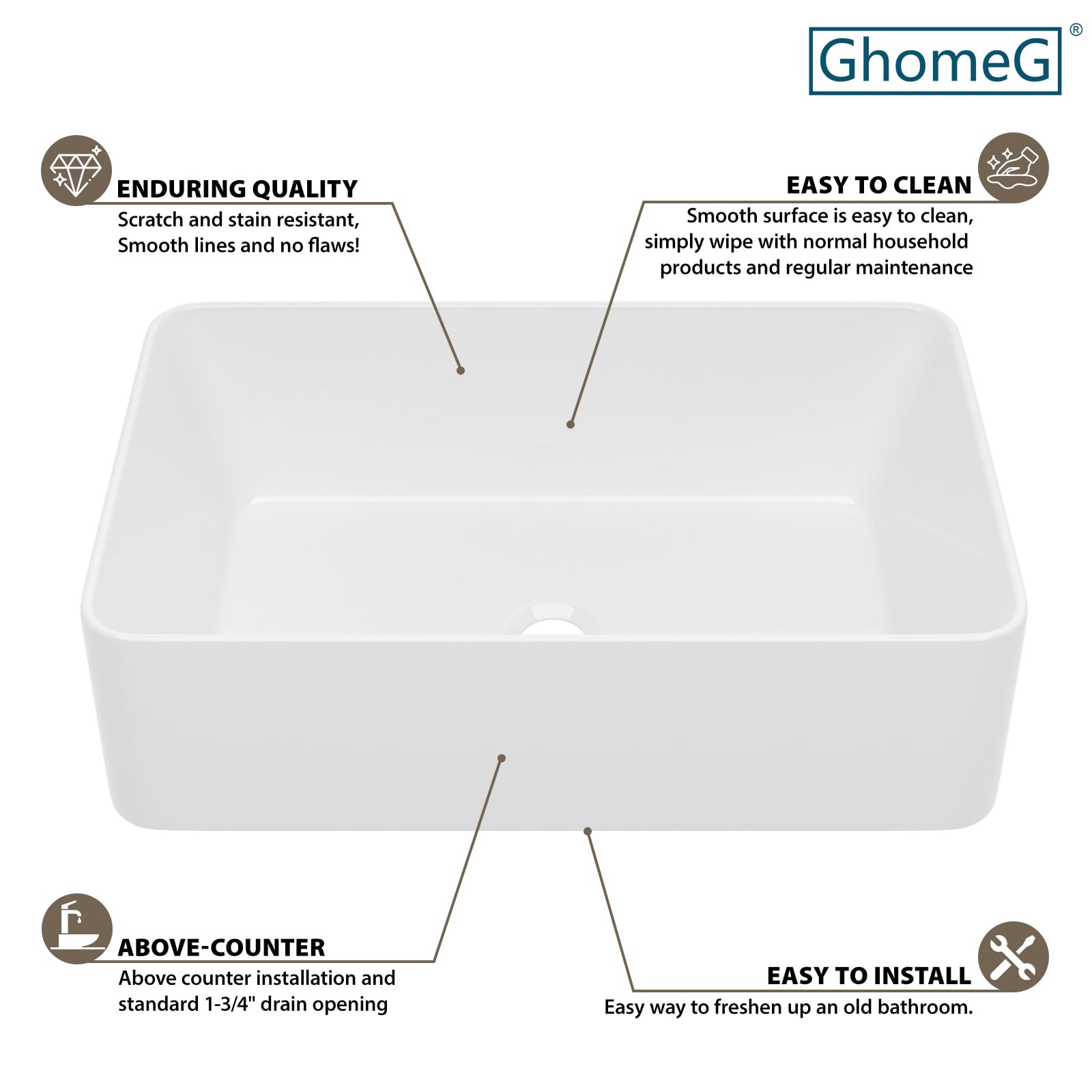 Fregadero rectangular para baño, 53 x 34 cm, rectangular, porcelana blanca, cerámica, lavabo artístico