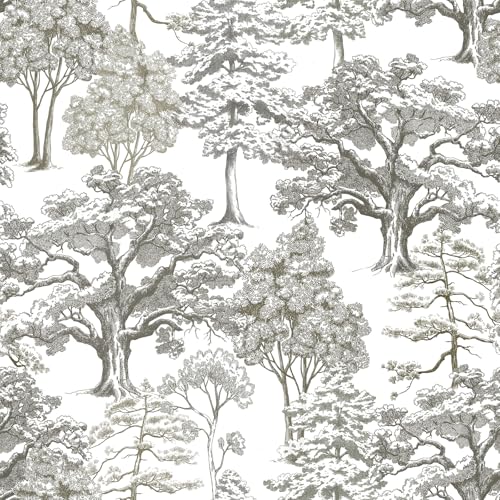 Image of Livelynine Grey Toile Wallpaper Peel and Stick Forest Tree Wallpaper Murals for Walls Prepasted Neutral Woodsy Black & White French Toile Contact Paper for Cabinets 17.5x78.8 Muted Vintage Landscape