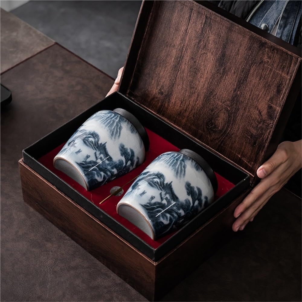 Organizador de Bolsitas de Té Recipiente for almacenar té suelto, tarro de cerámica sellado, tarro vacío con cuchara de té, juego de caja de regalo de tarro doble de té retro Organizador de Té Contene