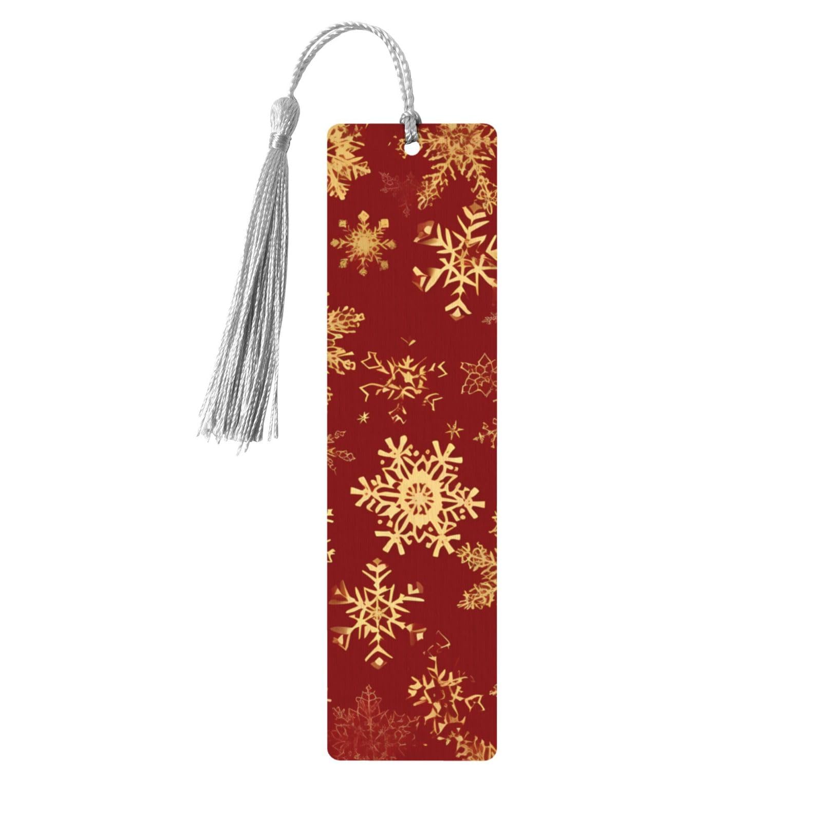 Christmas Snowflake Double-Sided Print Vintage Christmas Snowflake Bookmarks Wooden Book Marks with Gray Tassel, Red Lightweight Page Markers Reading Accessories