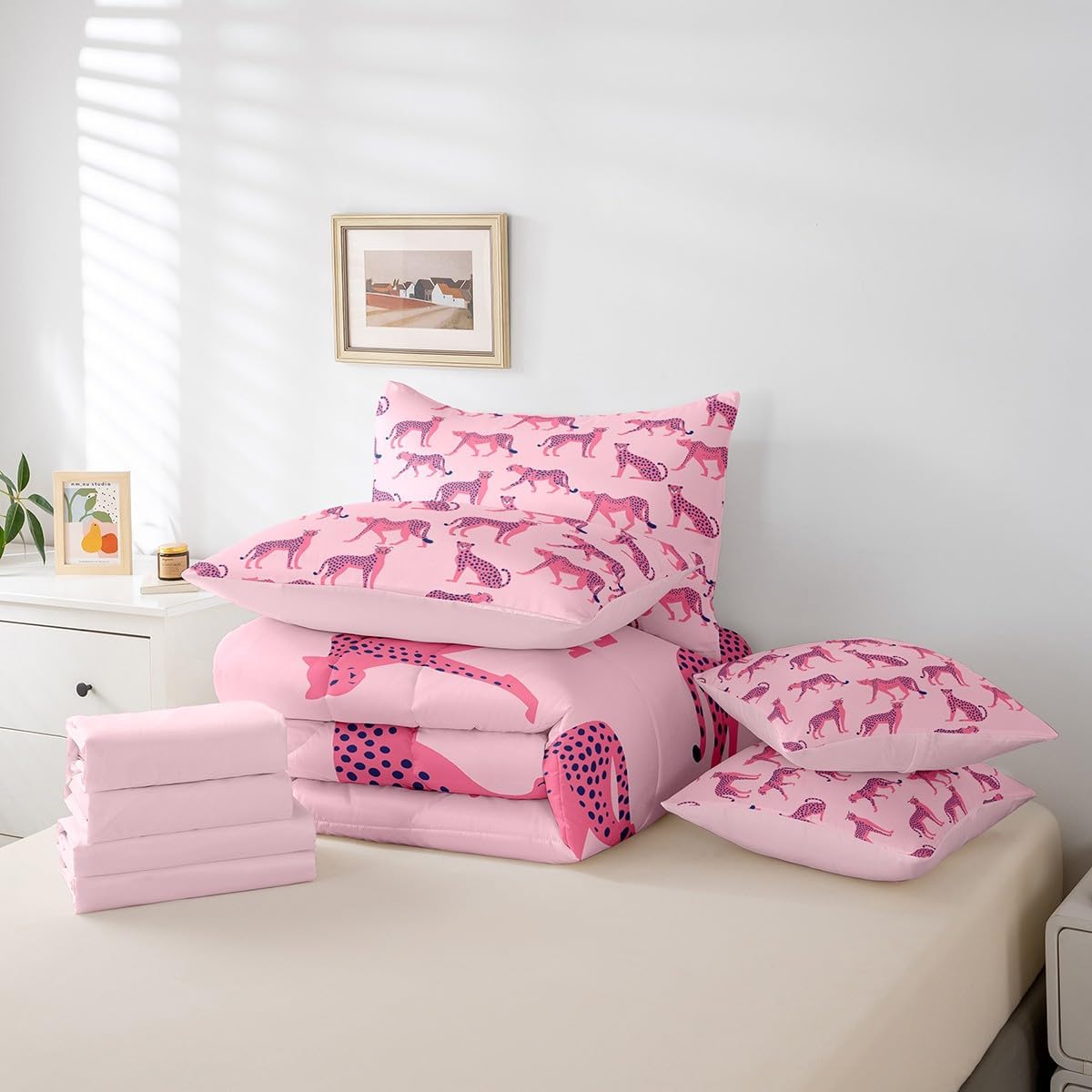 Castle Fairy 7 Pcs Pink Animal Full Comforter Set Cute Jungle Leopard Girly Bedding Sets for Kids Teens Adults Bed in a Bag(Comforter Flat Sheet Fitted Sheet 2 Pillowcases 2 Throw Pillow Covers)