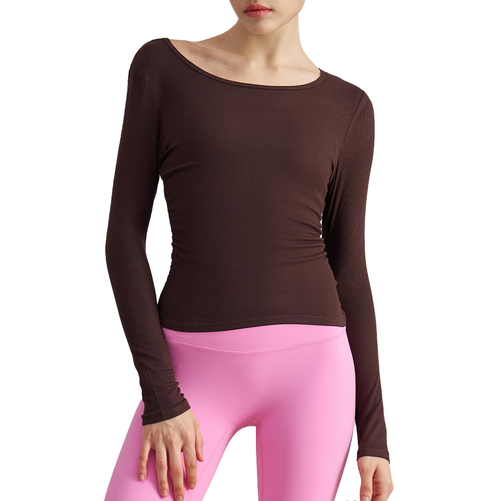 altiland Ruched Side Long Sleeve Workout Shirts for Women, Ribbed Round Neck Running Gym Athletic Yoga Tops