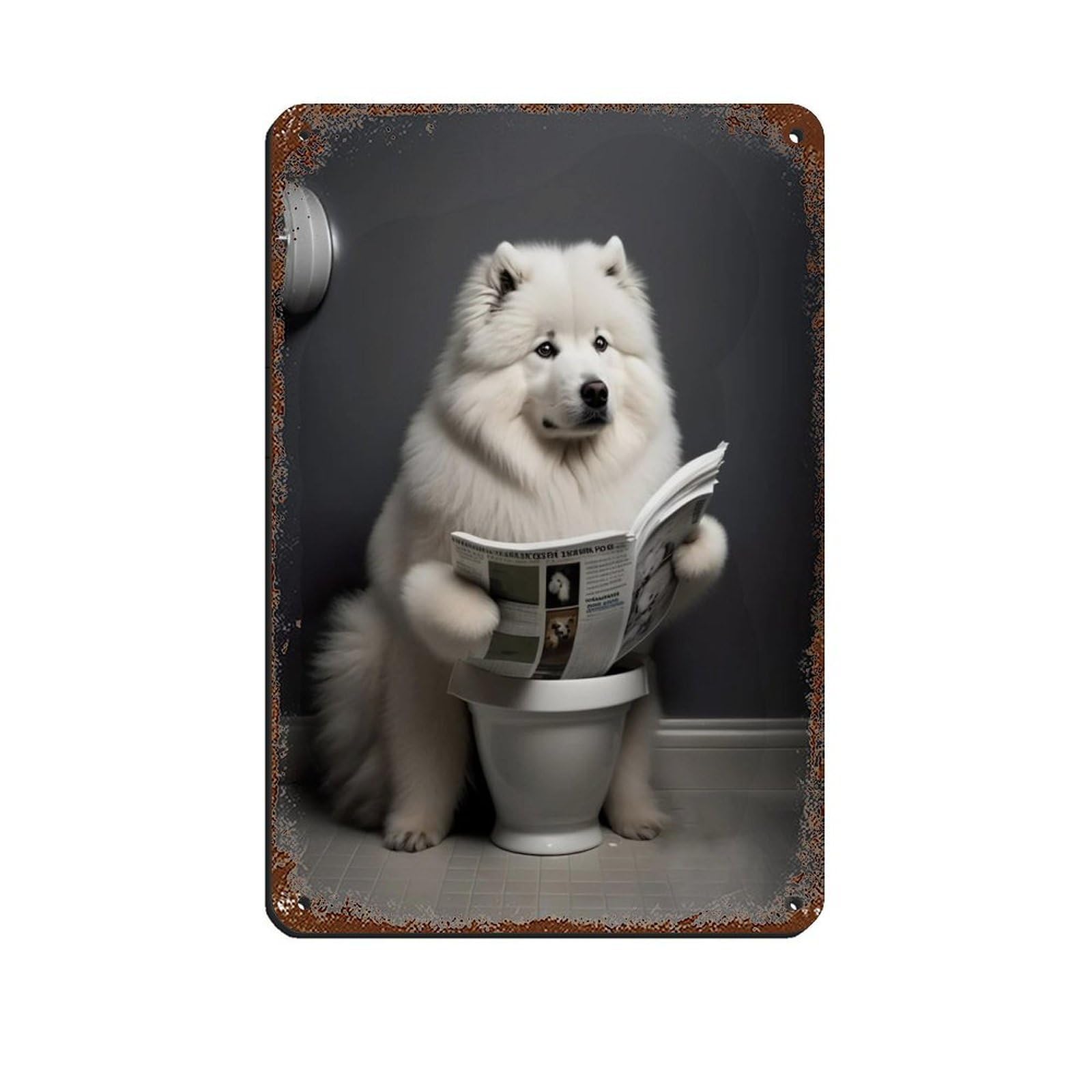 Lxwnze 20L X 30W Cm Samoyed Sitting On The Toilet Reading A Newspaper Tin Sign Vintage Metal Pub Club Cafe Bar Home Wall Art Decoration Poster Retro 8X12inch(20X30cm)