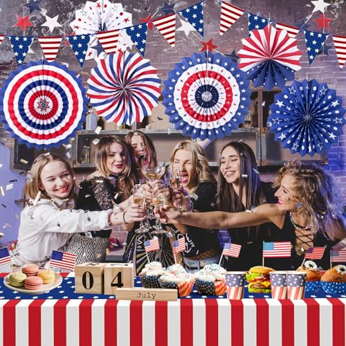 Image of 9PCS 4th of July Decorations Red White and Blue Paper Fans, USA Pennant Bunting, Star Streamers, Patriotic Tablecloth for Fourth of July Party Supplies, Memorial Day Veterans Day Patriotic Decor