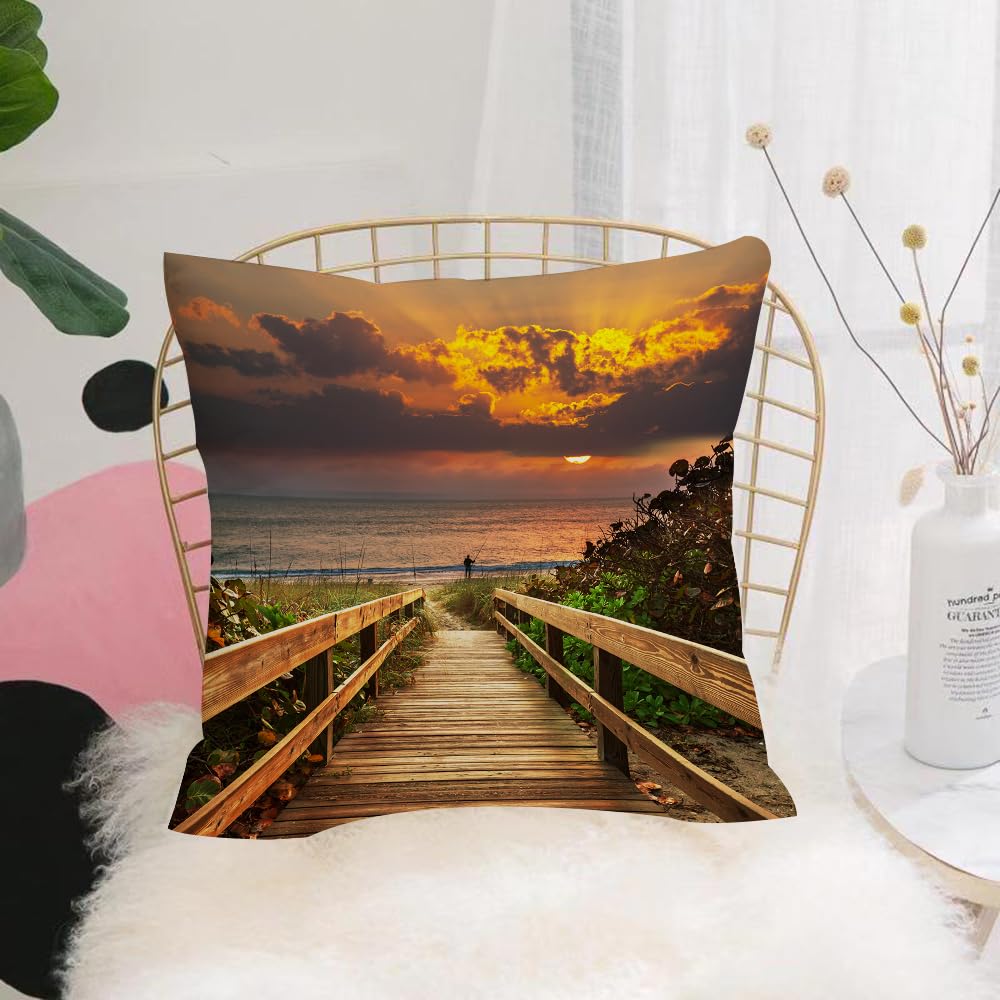 HYOSXW Cushion Cover,Throw Pillow Case Home Decorative for Living Room Bedroom Sofa Chair 16X16 Inch,Beach for fishermen wooden bridge panorama sunset,Pillowcase 40X40cm