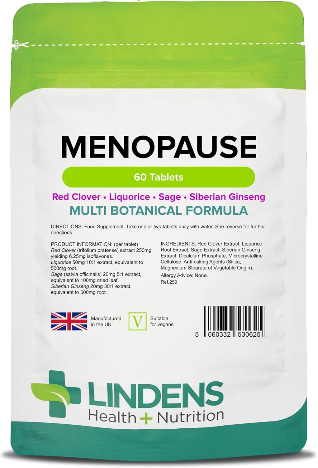 Lindens – Menopause 60 Tablets – UK Made – Multi Botanical Formula – Red Clover, Liquorice, Sage and Siberian Ginseng – Supports Wellbeing & Vitality, Letterbox Friendly – Vegan