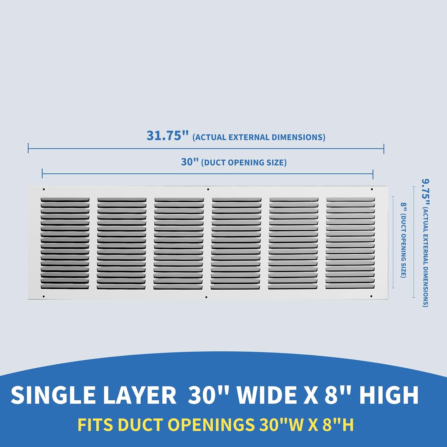 30 x 8 Return Air Grille (Duct Opening Size), Air Return Vent Cover, AC Vent Cover, Cold Air Return Vent Cover, Flat Return Air Grilles, Outer Dimensions:31.75"W x 9.75"H (30"W x 8"H, Duct Opening)