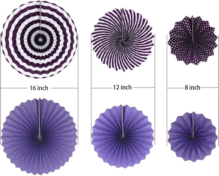 Image of 6 pcs Purple Hanging Paper Fans for Party Decoration Colorful Patterns Party Fans for Birthday Anniversary Bridal Shower Baby Shower Christmas Diwali & Wedding Decor (Pack of 6, Purple)