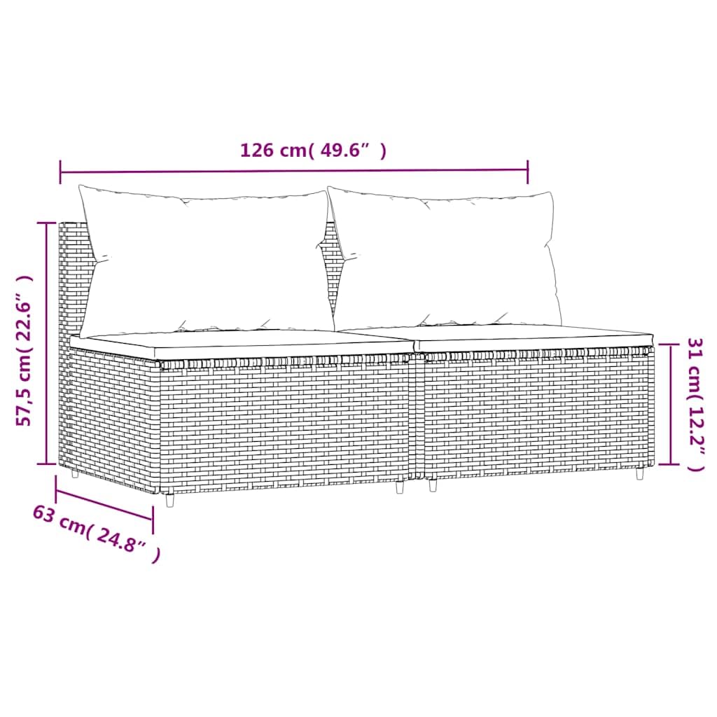 vidaXL Garten Mittelsofa 2 STK., Gartensofa mit Kissen, Modular Sofa Sitzgruppe für Garten Terrasse, Gartenmöbel Loungemöbel, Braun Poly Rattan