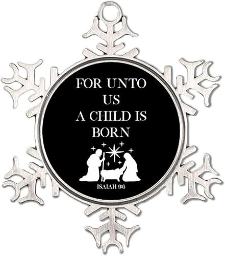 Miniatura 10 de Adornos colgantes para árbol de Navidad con texto en inglés For Unto Us A Child is Born, adorno de copo de nieve de metal cristiano, decoración de