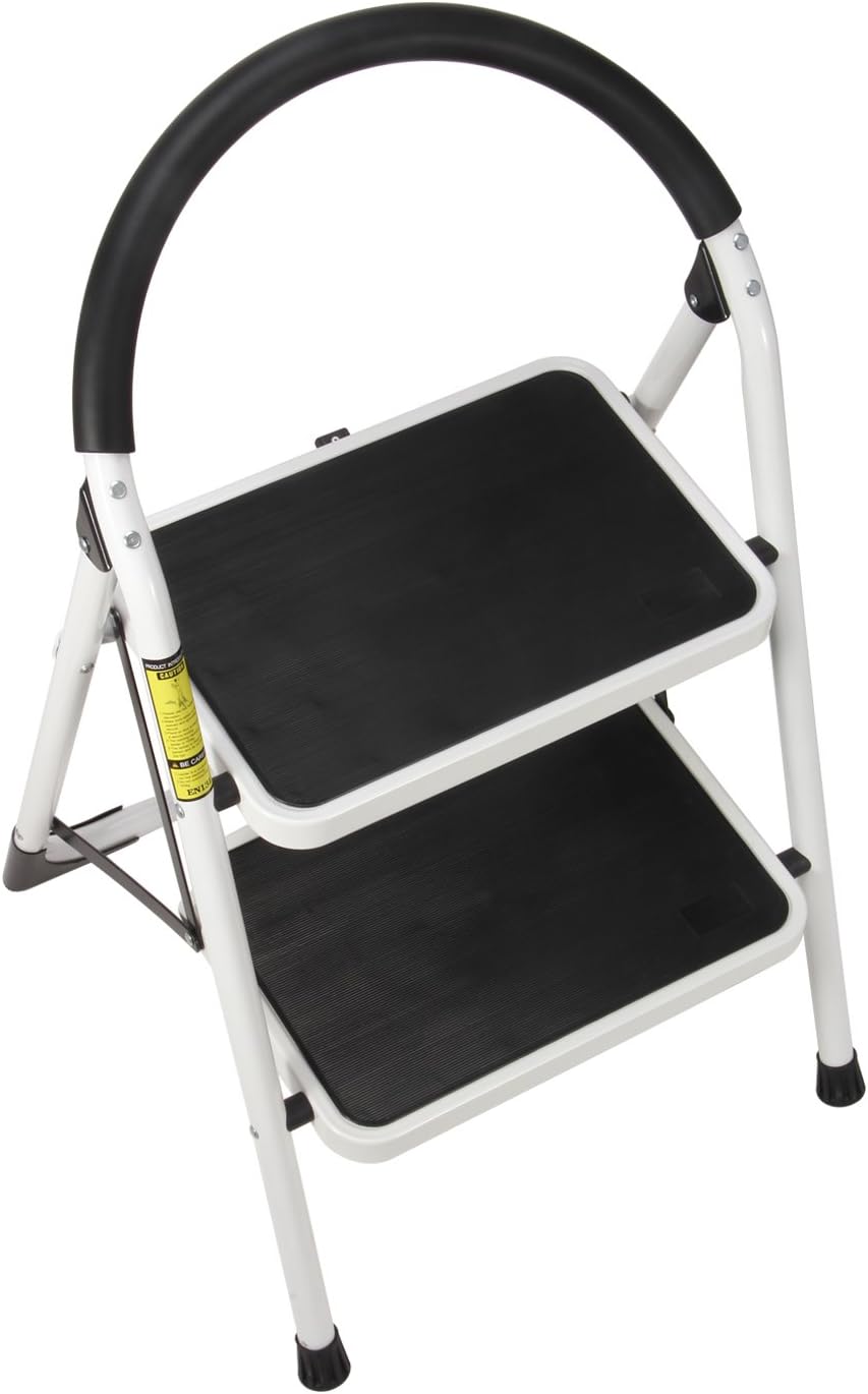 Ollieroo Step Stool Steel Support Ladder with Cushion Grip Handle, Non Skid Rubber Platform One Step 330-Pound Capacity (White)
