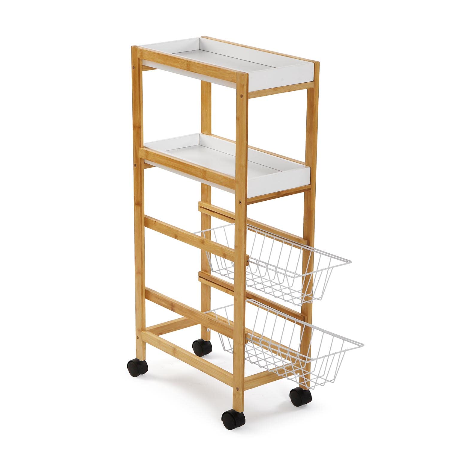 Versa Zenica Carro de Cocina con Ruedas, cajones y botellero, Verdulero con despensa y organizadores, con Ruedas y 4 estantes, Medidas (Al x L x An) 83 x 22 x 40 cm, Madera, Color Marrón y Blanco
