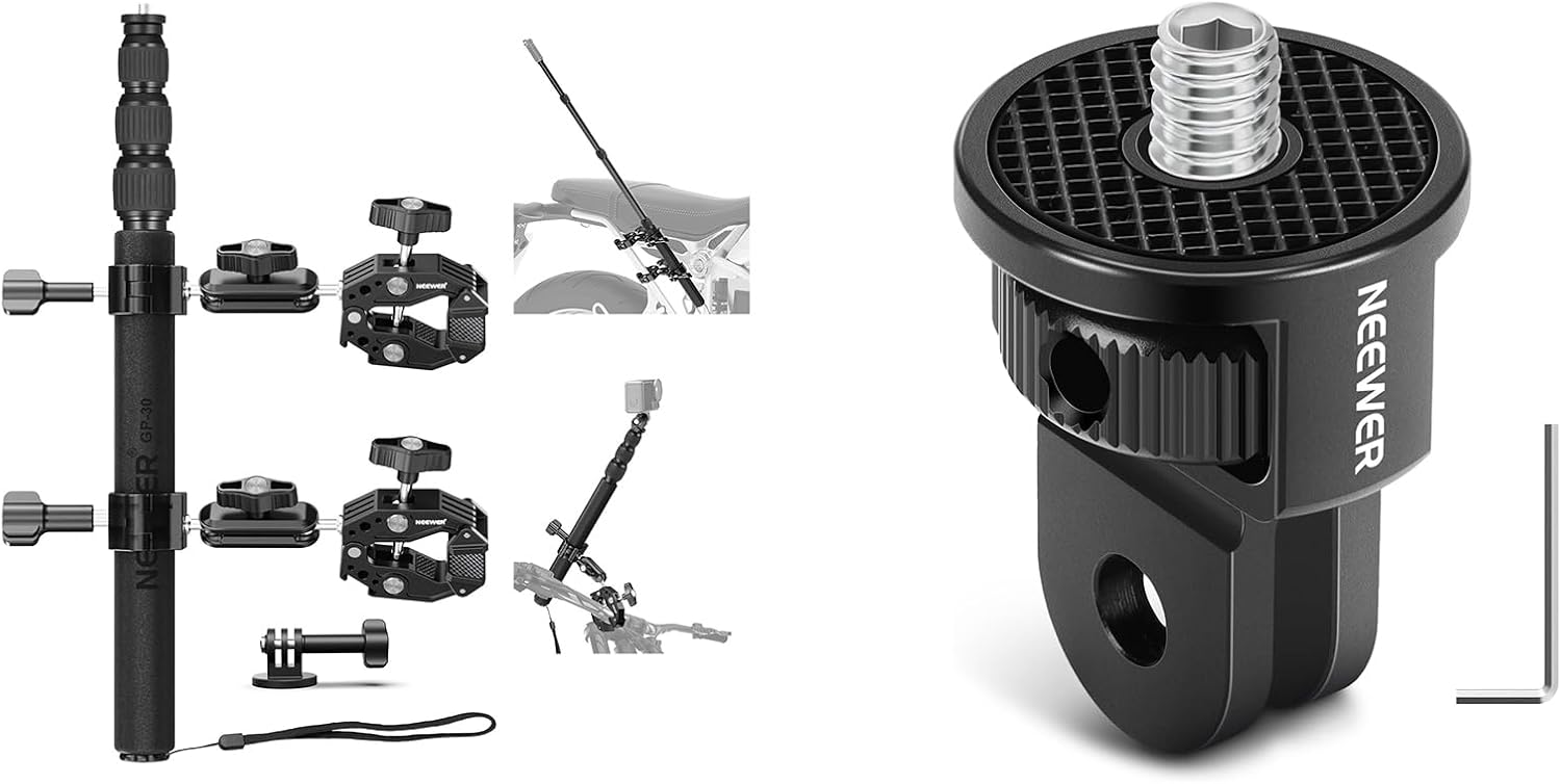 NEEWER GP-30 Motorcycle Mount Kit + GP-7 Action Camera Mount Adapter with 1/4" Screw, Bicycle Handlebar Invisible Selfie Stick Compatible with GoPro Insta360 DJI AKASO Action Cameras