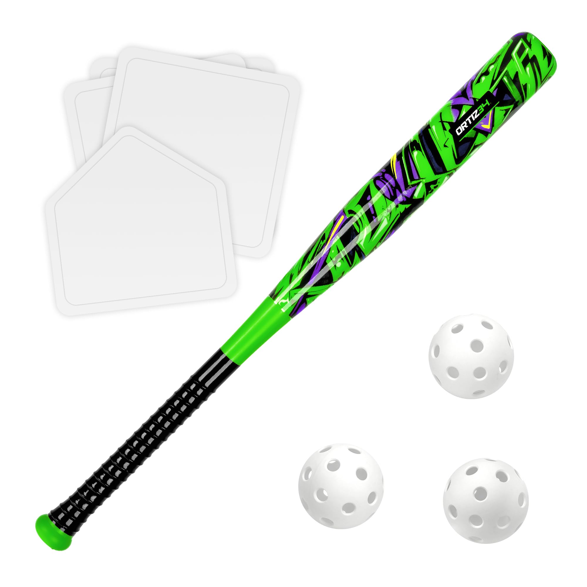 Grand Slam Set- Graffiti Plastic Bat, David Ortiz Backyard Baseball Set with 3 Balls, 4 Throw Down Bases