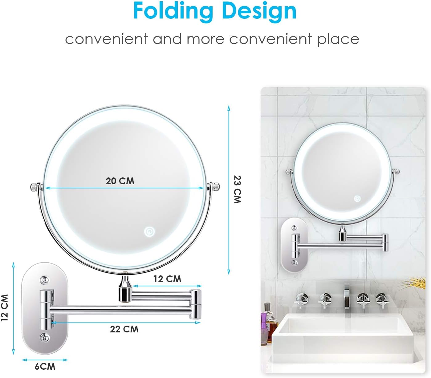 ALVOROG Wall Mounted Makeup Mirror Cosmetic Mirror LED Adjustable Light Double Sided 1X/5X Magnifying Vanity Mirror Swivel Extendable for Bathroom Hotel 8 inches