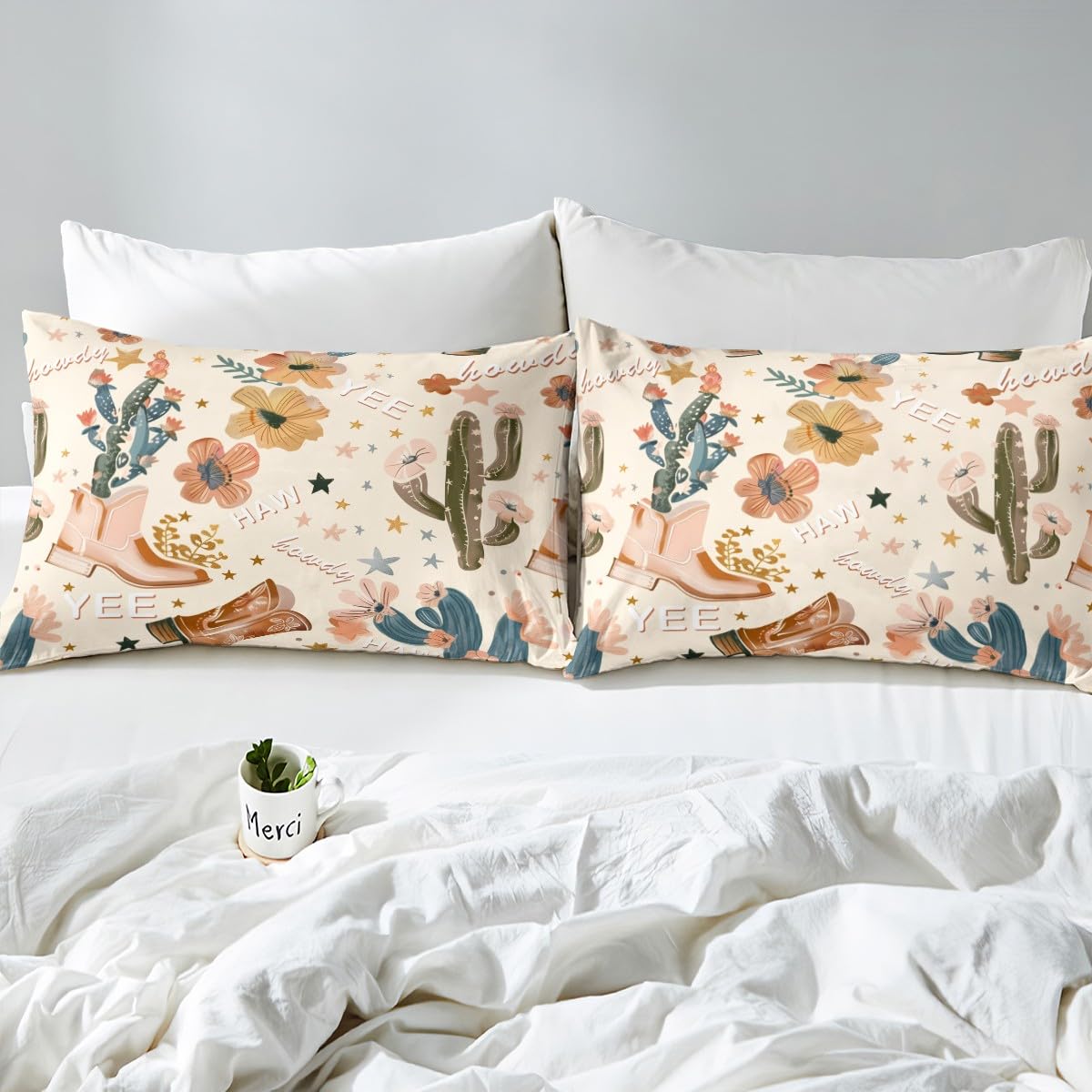 feelingyou Cowboy Duvet Cover Double Size,Cowboy Boots Comforter Cover for Kids Teens Adults Bedroom Decor,Wild West Cactus Flower Cowgirl Bedding Set 2 Pillowcases,No Comforter - Image 4