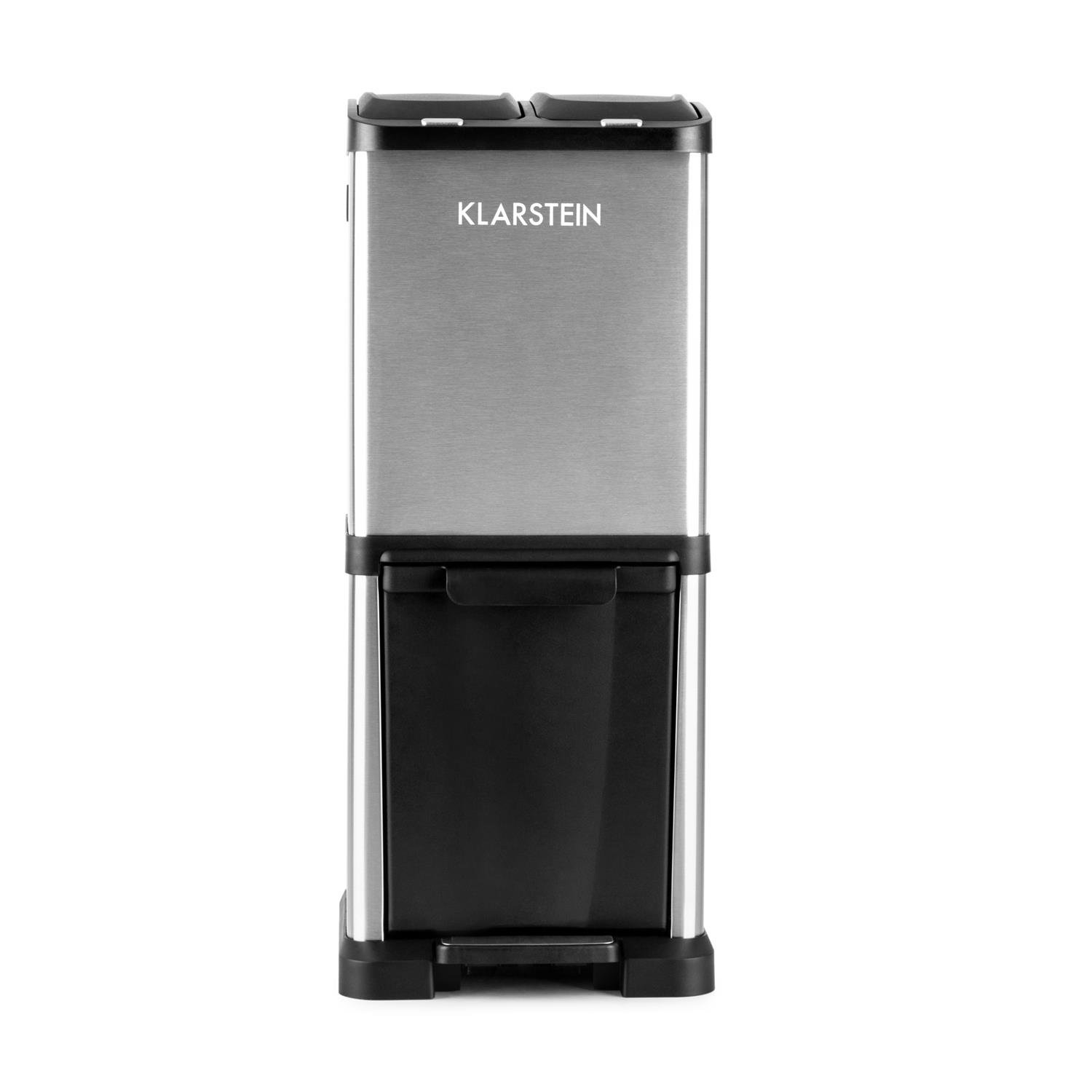 KLARSTEIN Ökosystem² - Poubelle de tri sélectif à pédale, Contenance de 30L répartie sur 3 récipients, 1x15L et 2x7,5L, Coque en Acier Inoxydable, Facile à Nettoyer, Argent