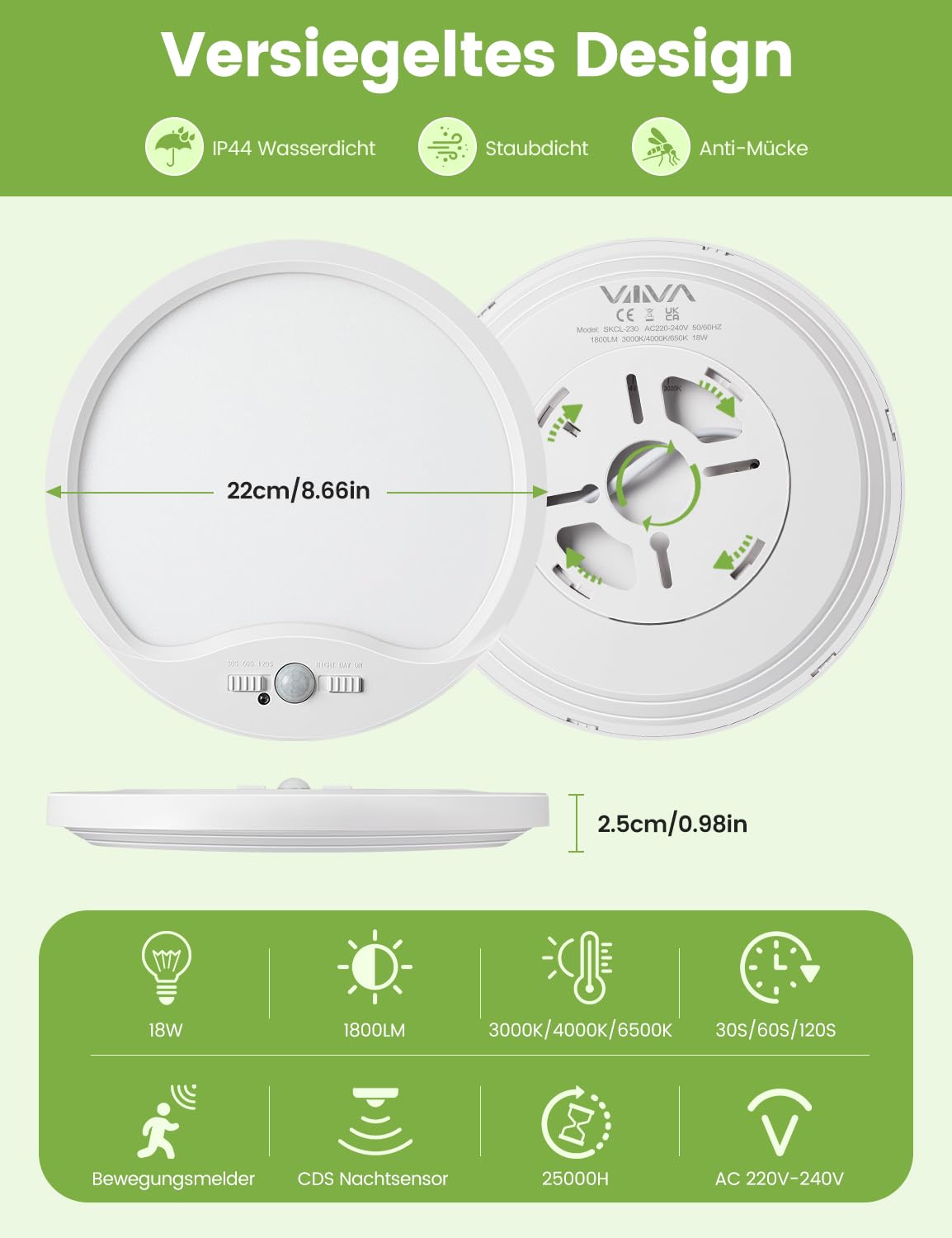 Lampa Sufitowa LED 18W z Czujnikiem Ruchu i Czujnikiem Zmierzchu, 1800 LM Ultracienka Okrągła Lampa Sufitowa Ø23, 3000K/4000K/6500K
