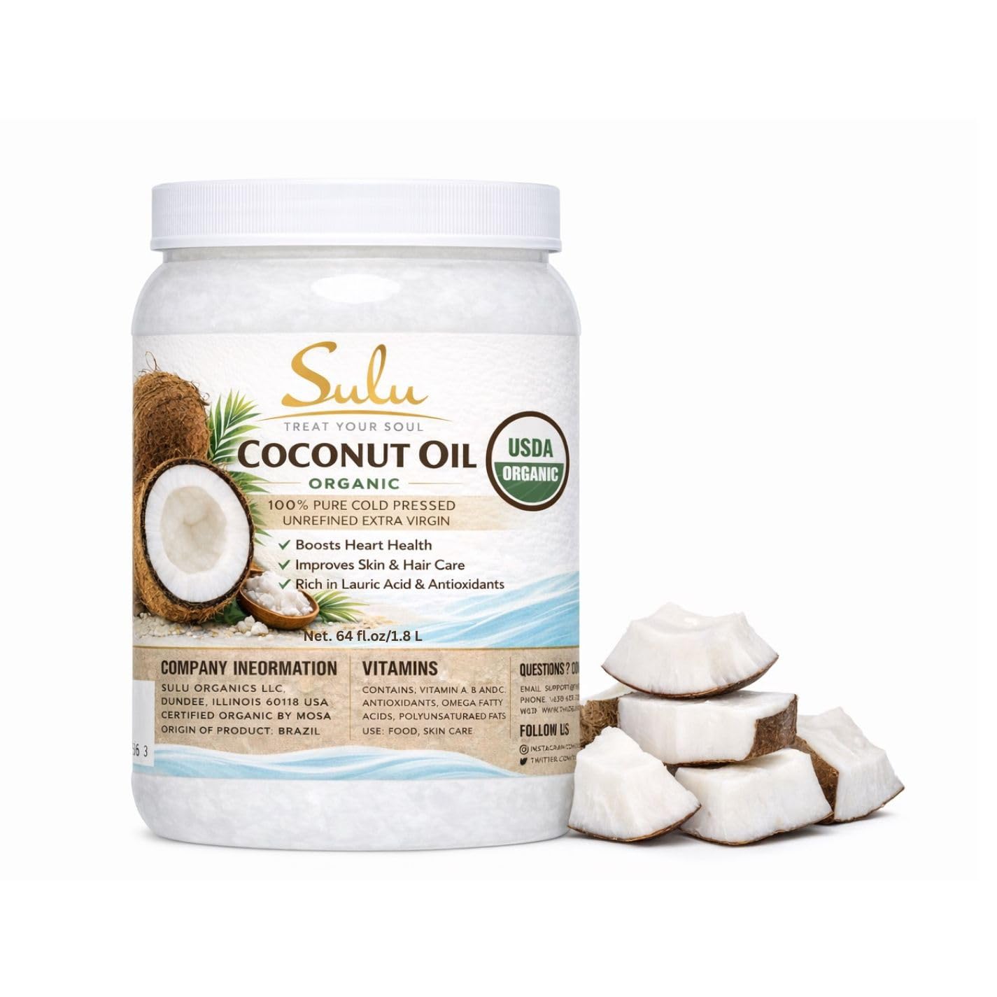 Organic Unrefined Cold Pressed Extra Virgin Coconut Oil -64 oz/ 1.8 kg