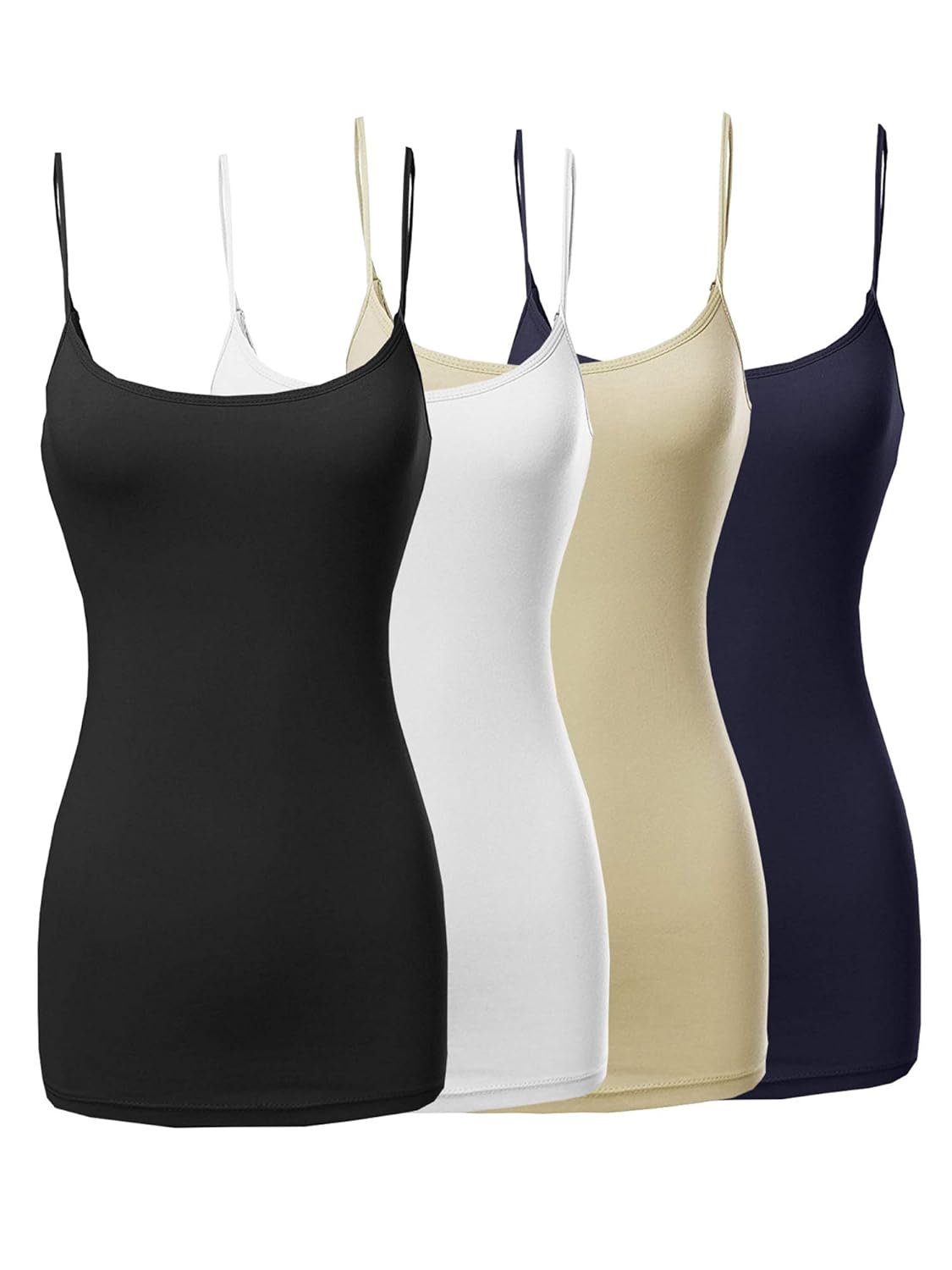 The Lovely Womens Juniors Basic Solid Long Length Adjustable Spaghetti Strap Tank Top 4PK - Black White Taupe