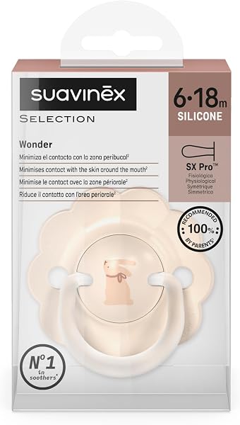 Suavinex, Sucette Bébé 6/18 Mois, Tétine Symétrique SX Pro en Silicone, Réversible, Plate et Flexible, Respecte le Développement Buccodentaire, Forme Ronde avec Anneau, Évite Irritations, Wonder Beige - 5