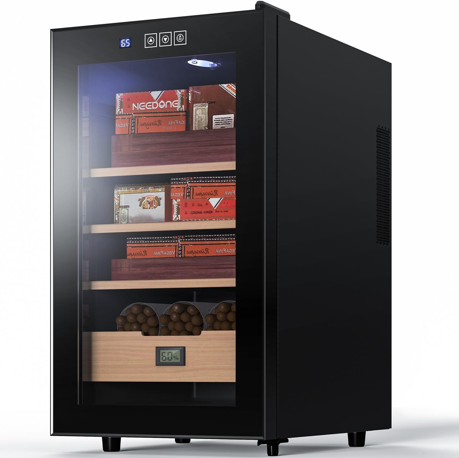 NEEDONE 48L Cooler Humidor, Electronic Humidor Cabinet for 300 Counts Capacity with Spanish Cedar Wood Shelves & Drawer with Hygrometer, Gift for Men, 2 Year Warranty, 1.7 Cu Ft | Spanish Cedar Wood Shelves & Drawer with Hygrometer, 300 Count Capacity, Quiet Operation, Gift for Men, Home Office Cabinet