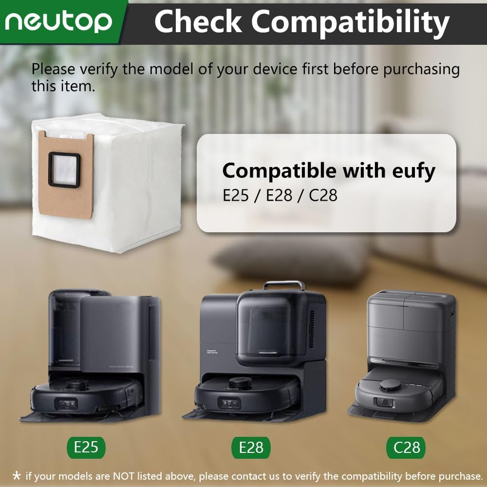 Neutop Replacement Dust Bags Compatible with eufy E25/ E28/ C28, Robot Vacuum Parts Accessories Disposable Bags, 12-Pack.