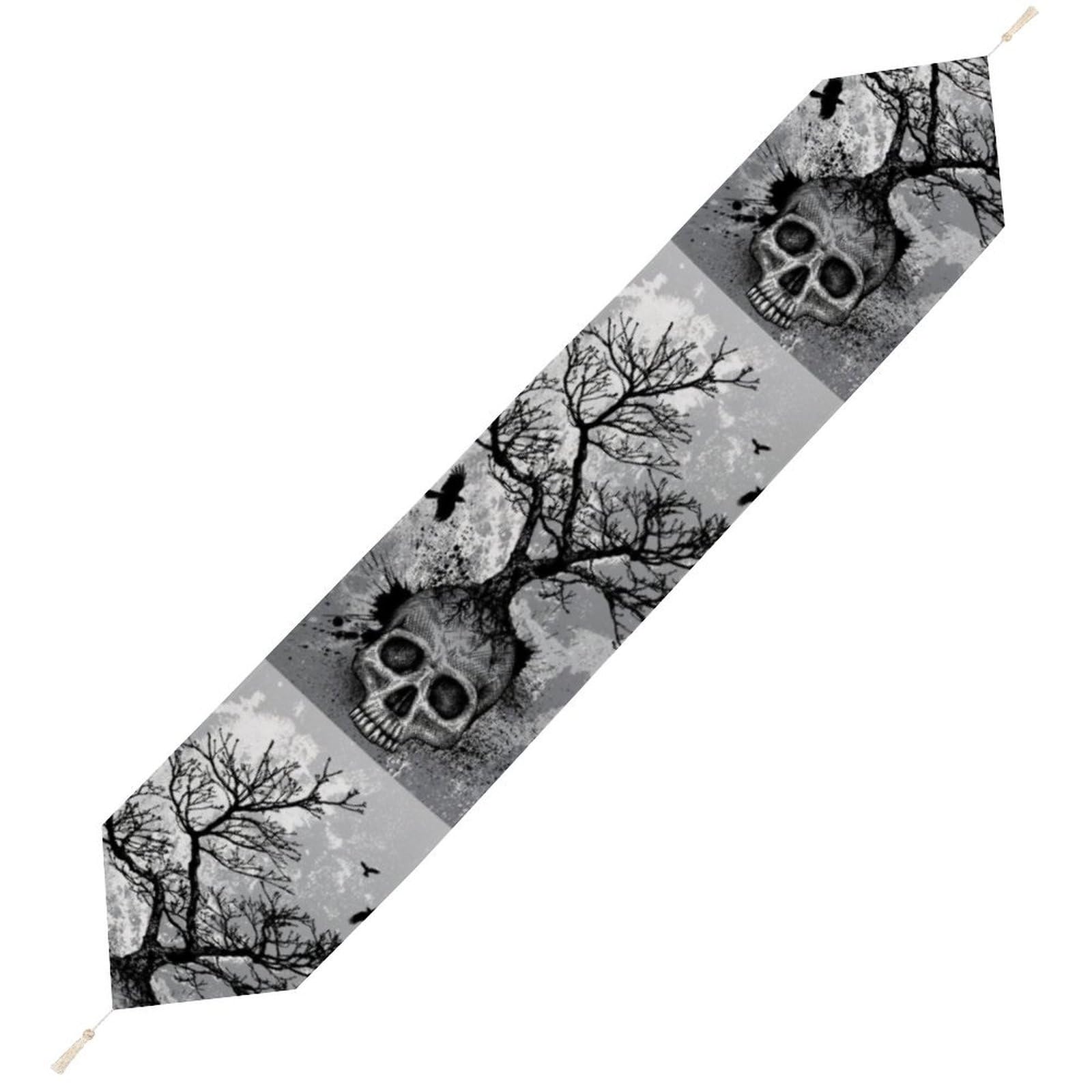 JZemdybill 178*33cm Table Runner with Tassel, Horror Skull Tree Table Runner, Table Decoration for Kitchen, Party, Restaurant