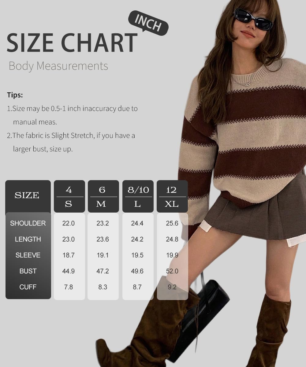 SKAYS Women's Retro Contrast Striped Sweater Loose Round Neck Long Sleeve Knitted Pullover - Image 6