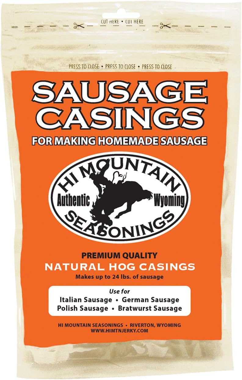 Hi Mountain - SAUSAGE CASINGS, 30-35mm Natural HOG CASINGS for Sausage Making. Ι Creates 24 lbs. Ι Ideal for Making Bratwurst, Polish, German, Kielbasa & Italian Sausage Links