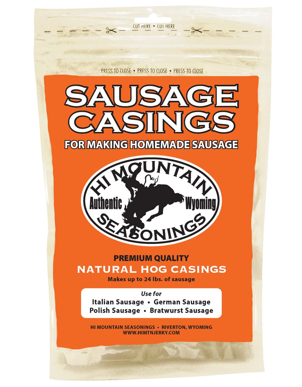 Hi Mountain - SAUSAGE CASINGS, 30-35mm Natural HOG CASINGS for Sausage Making. Ι Creates 24 lbs. Ι Ideal for Making Bratwurst, Polish, German, Kielbasa & Italian Sausage Links