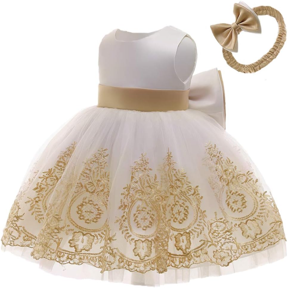 TUIJI 0-6T Big Bowknot Toddler Baby Girls Formal Dresses Pageant Party Lace Embroidery Dress with Headwear - Image 2