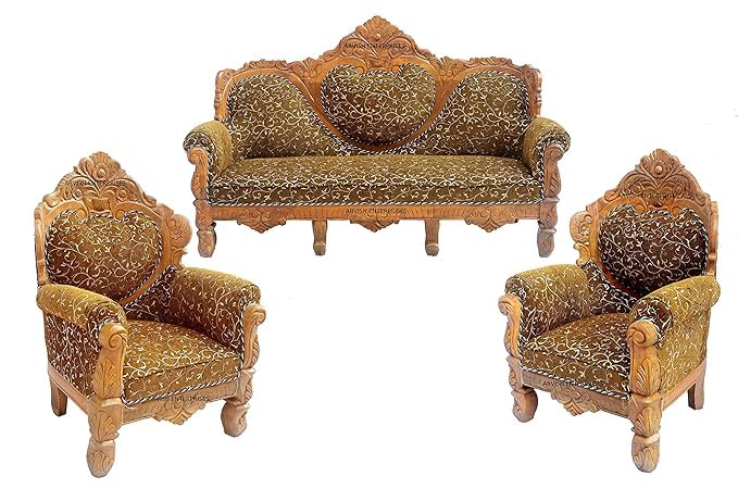 Image of Luxury Antique Sofa Set in a Classic Living Room Setting Solid Teak Wooden Five Seater Sofa Set with Cushion for Living Room | Honey Brown Finish | 208D x 76W x 119H cm (Design5)