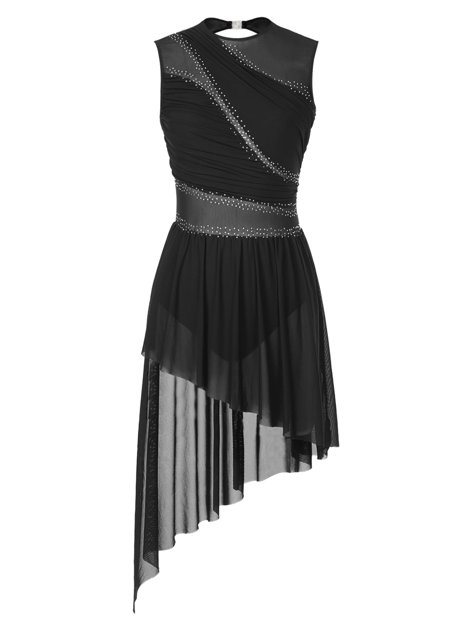 Robe De Patinage Artistique Femme Brillant Robe De Ballet sans Manches Strass Body avec Jupe Asymétrique Danse Moderne Contemporaine Lyrique Tenue Danse